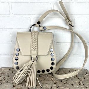 Lionel Vegan Leather White Studded Boho Fringe
Crossbody Mini Saddle Bag